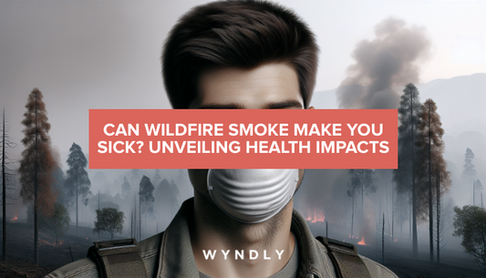 A photorealistic image of an average american person wearing a protective mask, with a background of a hazy, smoke-filled landscape.