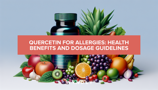 A beautiful, photorealistic photograph of a quercetin supplement bottle next to a pile of fresh fruits and vegetables.